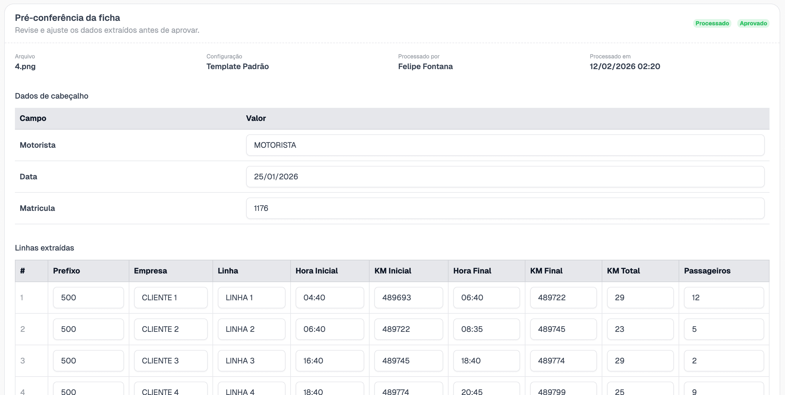 Tela de pré-conferência mostrando dados extraídos do cabeçalho e linhas da ficha para revisão e aprovação