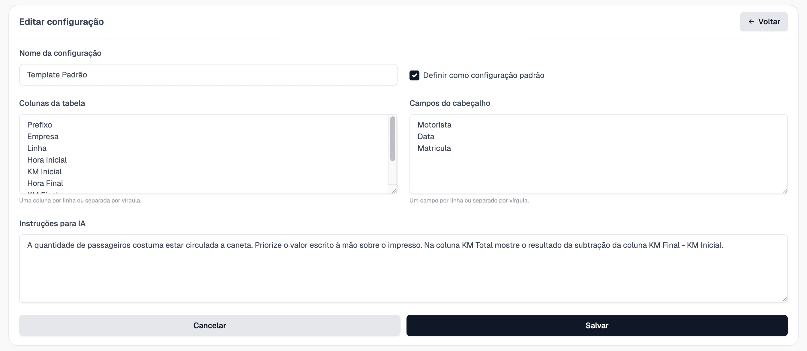 Tela de configuração de template da Cronexa com colunas da tabela, campos de cabeçalho e instruções para AI